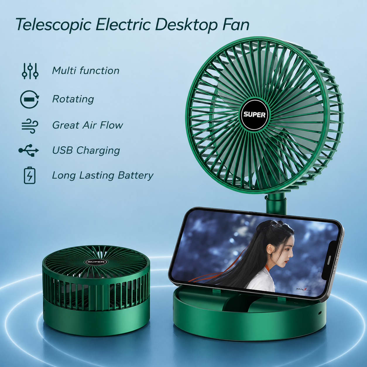 Portable Folding Fan, Rechargeable USB Type-C Fan